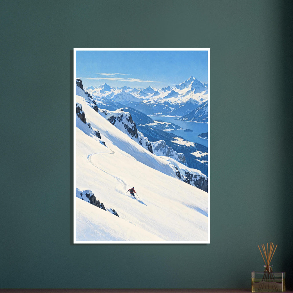 Lone skier carving tracks down a snowy slope above a blue lake, forested valleys and distant snow-covered mountains.