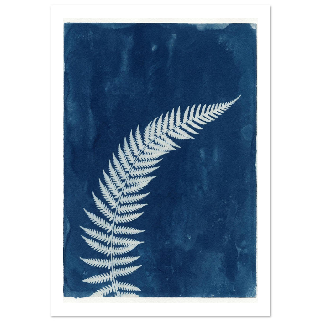 Pale fern frond curving diagonally across a textured deep blue background with a narrow off-white border.