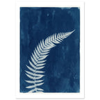 Pale fern frond curving diagonally across a textured deep blue background with a narrow off-white border.