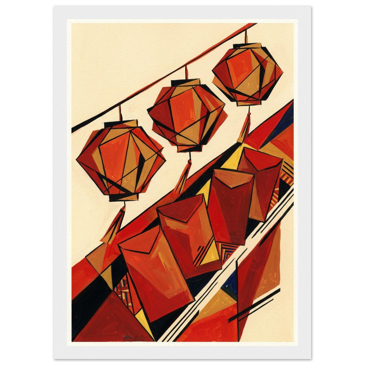 Red Lanterns Geometric Art Print – Framed