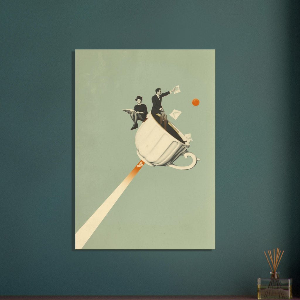 Two figures perched on a flying cream teacup with floating envelopes and a diagonal trail against sage green.
