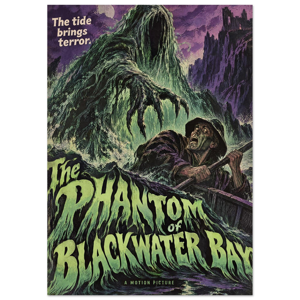 Sea monster reaching towards a terrified rower beneath purple cliffs, with green ‘The Phantom of Blackwater Bay’ lettering.