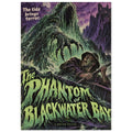 Sea monster reaching towards a terrified rower beneath purple cliffs, with green ‘The Phantom of Blackwater Bay’ lettering.