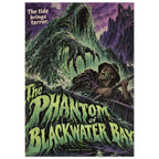 Sea monster reaching towards a terrified rower beneath purple cliffs, with green ‘The Phantom of Blackwater Bay’ lettering.