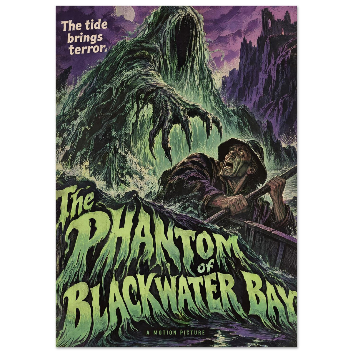 Sea monster reaching towards a terrified rower beneath purple cliffs, with green ‘The Phantom of Blackwater Bay’ lettering.