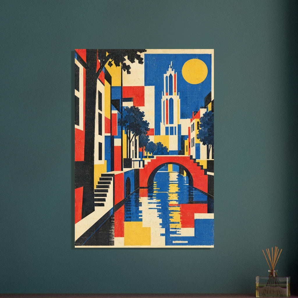 Geometric canal scene with a red arched bridge, blue water, cream tower, dark trees and yellow sun in a textured finish.