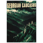 Georgian Caucasus travel poster with green mountains, stone towers on a rocky ridge and cream lettering under dark clouds.