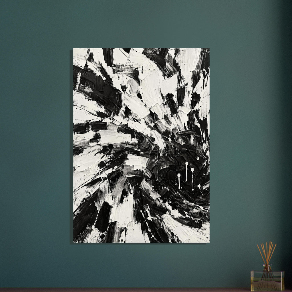 Abstract black and white brushstrokes with thick ridged marks, sweeping curves, scraped edges and white paint drips.
