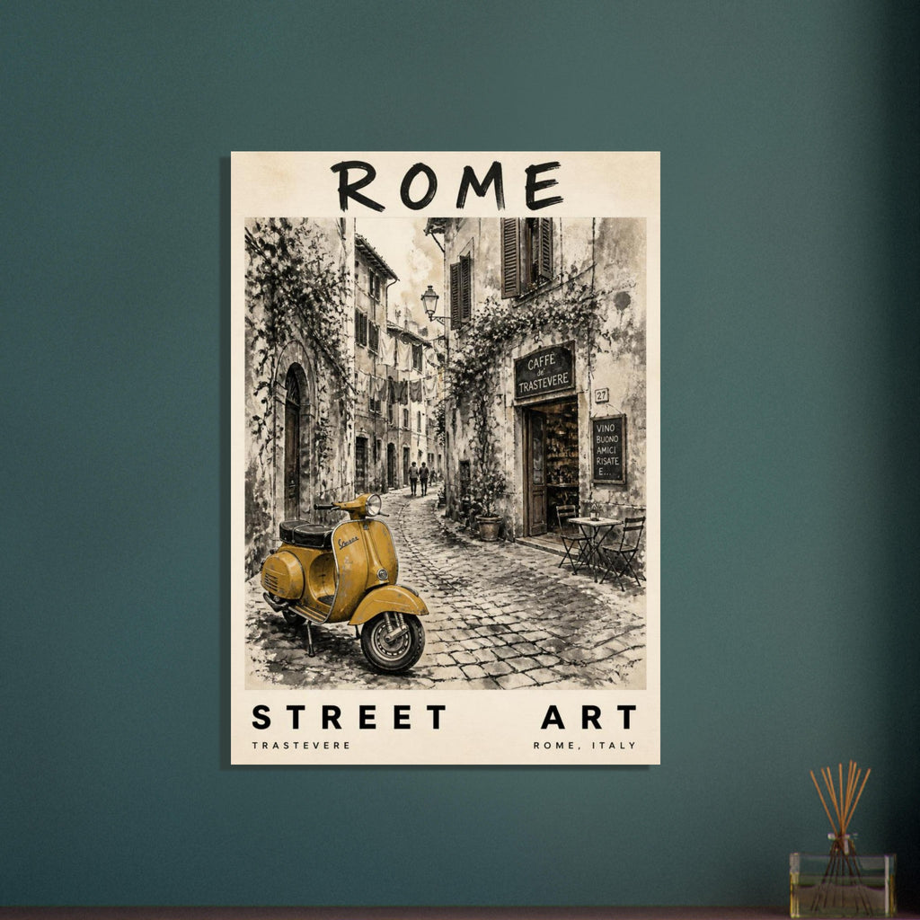 Yellow scooter on a cobbled Rome street with a café, shuttered windows and vines, framed by cream borders and bold lettering.