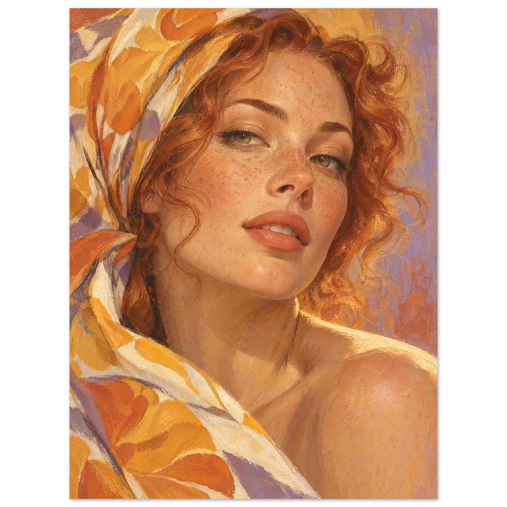 Marigold Close-Up portrays a freckled woman with auburn curls framed by a silk scarf patterned with large mustard petals.