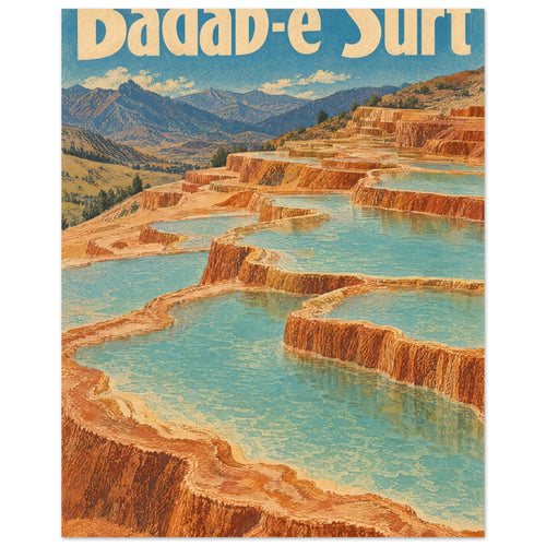 Badab-e Surt mineral terraces with turquoise pools, orange rock, distant mountains and large cream lettering.