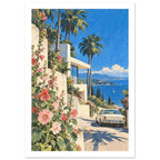 Pink hollyhocks beside a cream villa, with palm trees, a vintage car and a blue sea backed by distant mountains.