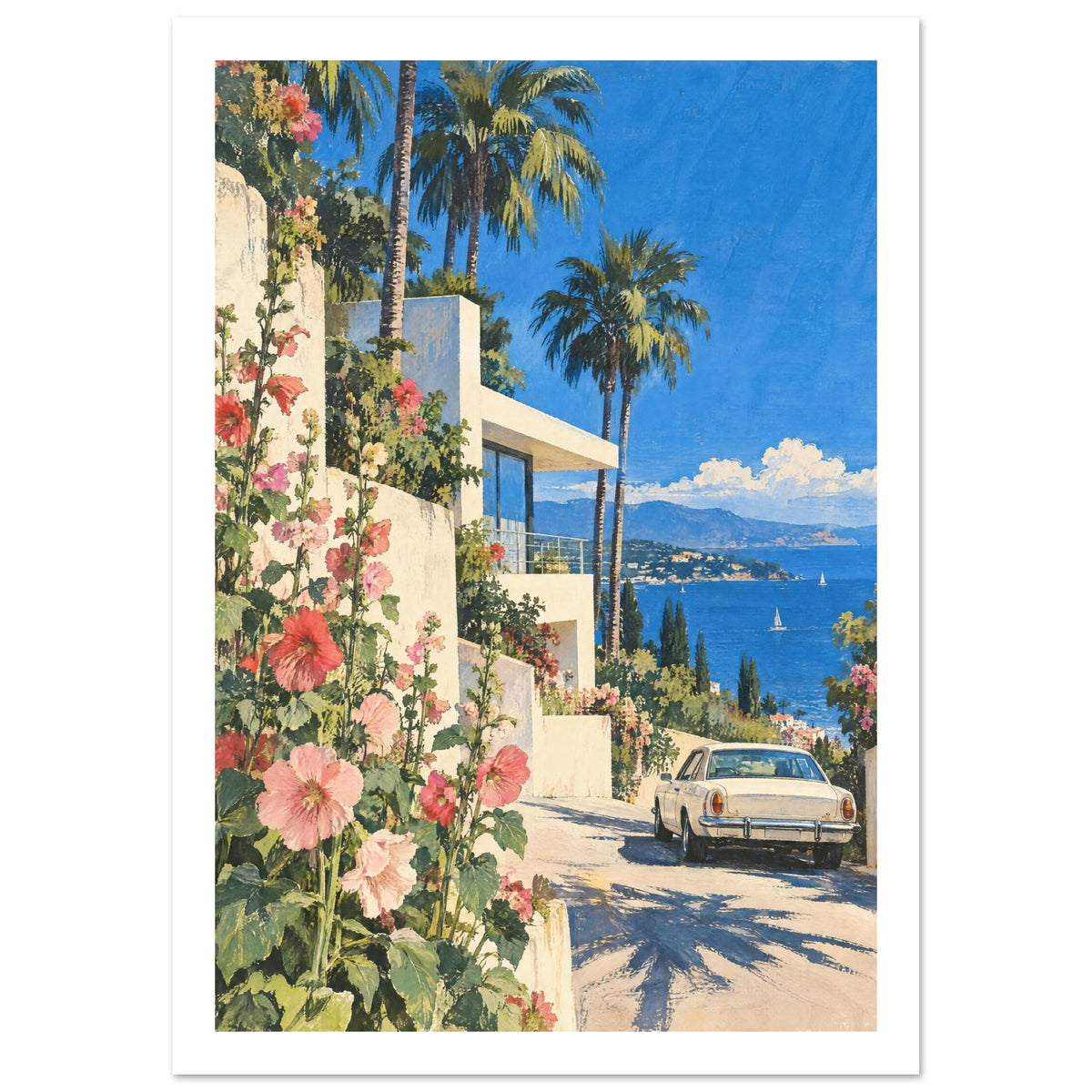 Pink hollyhocks beside a cream villa, with palm trees, a vintage car and a blue sea backed by distant mountains.