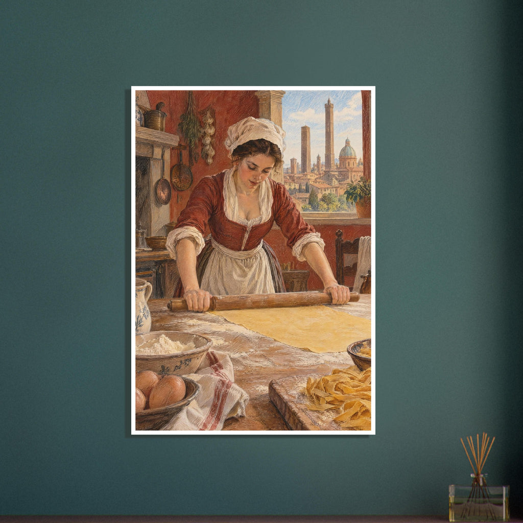 Woman rolling pasta dough in a rustic kitchen, with eggs, flour and cut pasta on the table and towers beyond the window.