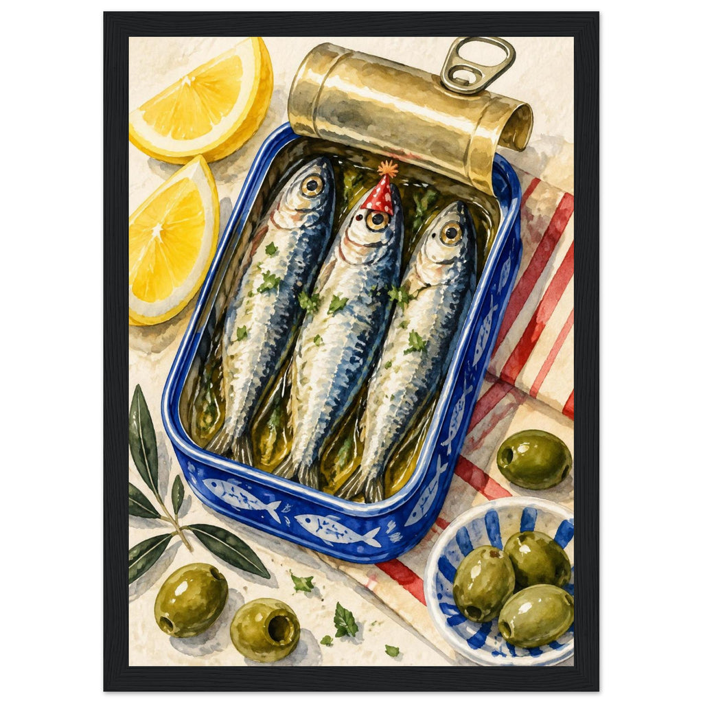 Three sardines in an open blue tin, one wearing a red party hat, surrounded by lemon wedges, olives and striped cloth.