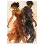Dancing couple back to back, a woman in a flowing rust-orange dress and a man in dark clothing, in loose watercolour.