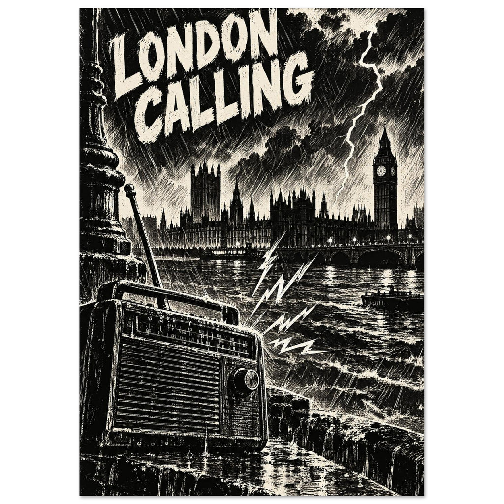 London Calling lettering above Big Ben, a stormy river and a foreground vintage radio, illustrated in black and cream.