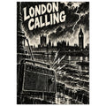 London Calling lettering above Big Ben, a stormy river and a foreground vintage radio, illustrated in black and cream.