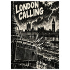 London Calling lettering above Big Ben, a stormy river and a foreground vintage radio, illustrated in black and cream.