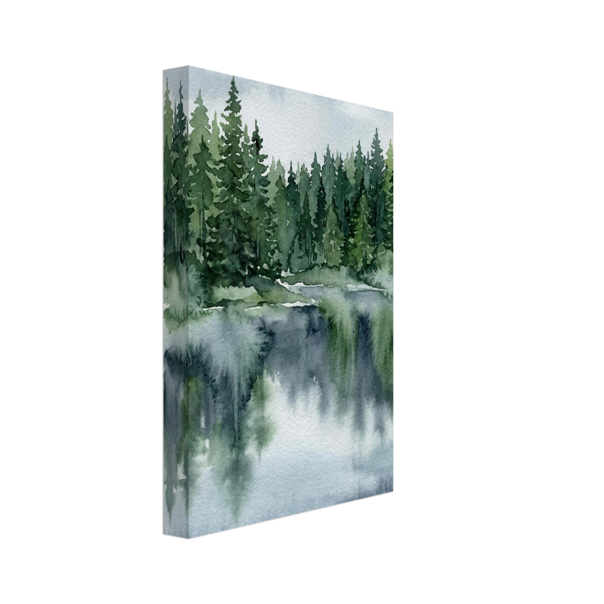 Watercolour pine forest beside a lake, with green trees reflected in blue-grey water beneath a cloudy sky.