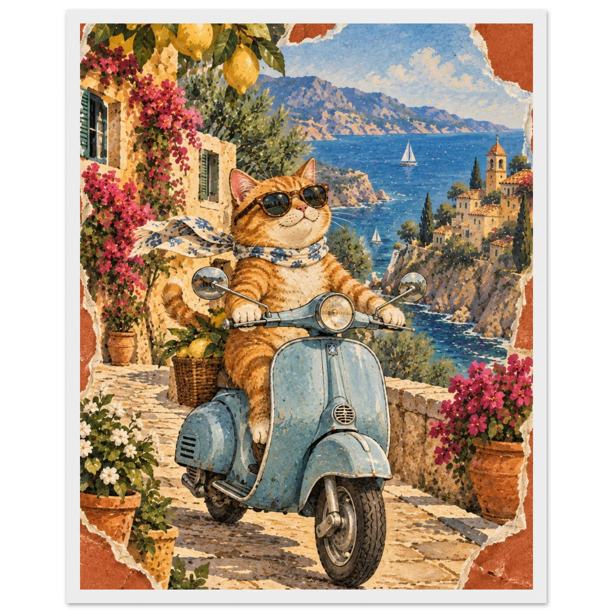 Orange cat in sunglasses and a scarf on a blue scooter, with lemons, flowers, coastal buildings and sailboats behind.