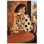 Polka Dot Espresso shows a bob-haired woman in a spotted ivory blouse lifting an espresso cup at a round café table.