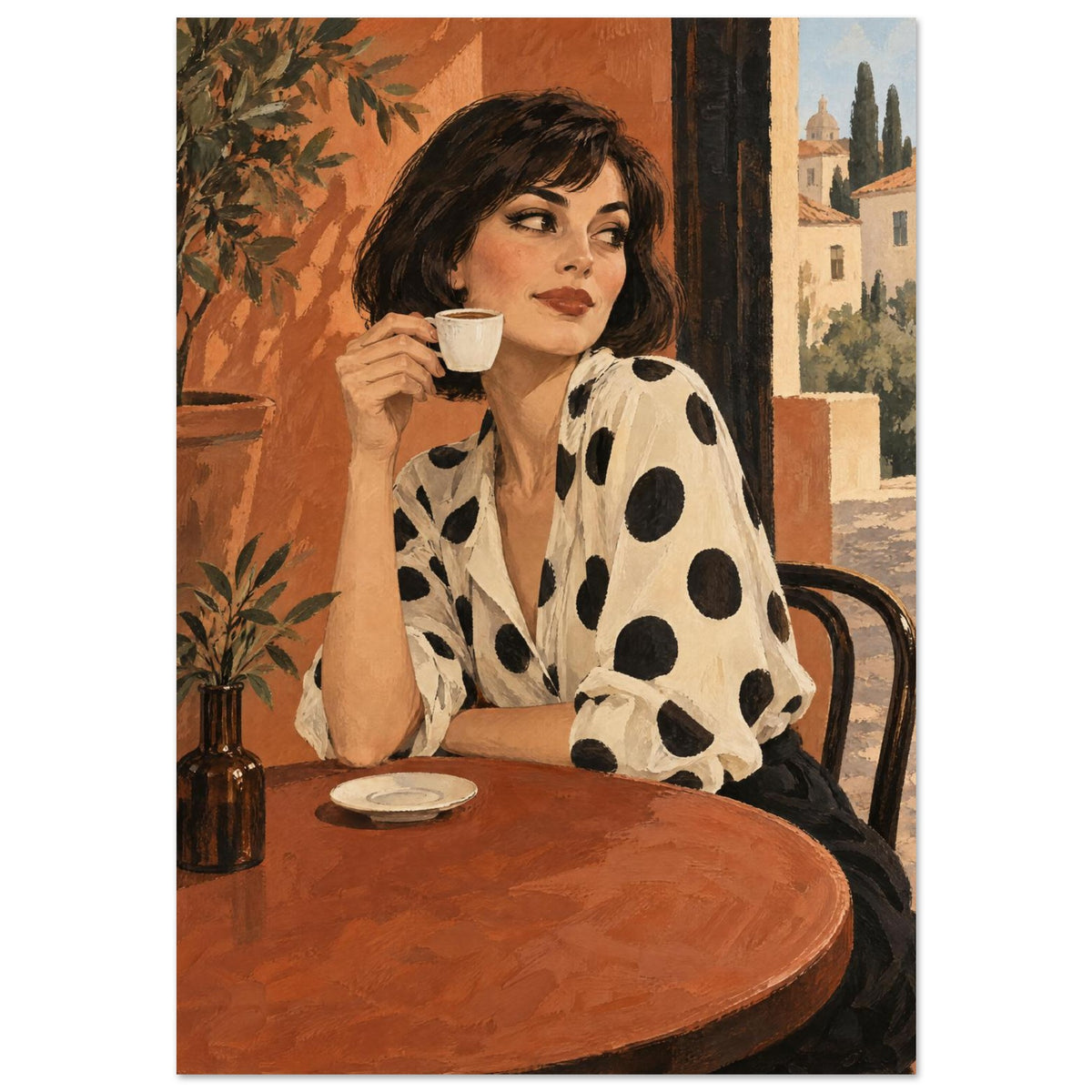 Polka Dot Espresso shows a bob-haired woman in a spotted ivory blouse lifting an espresso cup at a round café table.