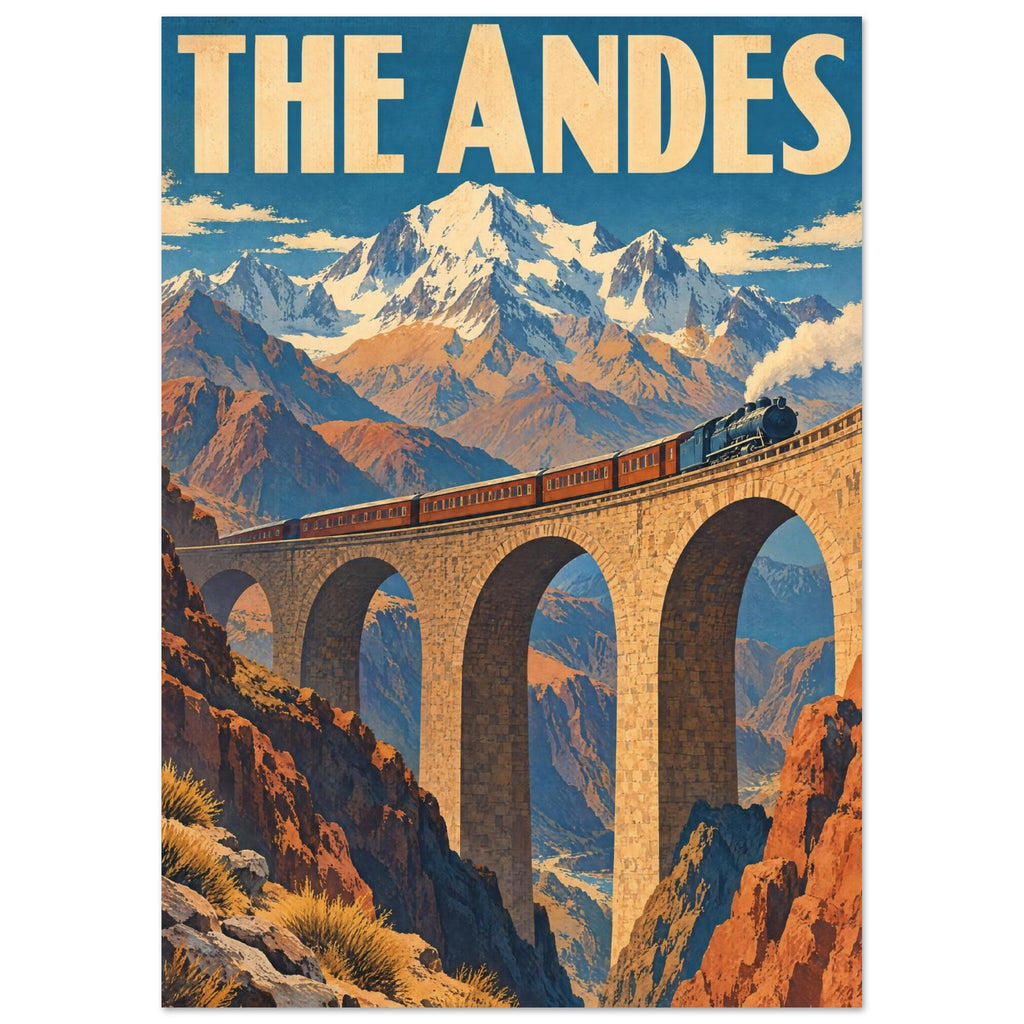 Steam train crossing a tall stone viaduct amid snowy mountains and orange cliffs, beneath large ‘THE ANDES’ lettering.