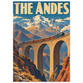 Steam train crossing a tall stone viaduct amid snowy mountains and orange cliffs, beneath large ‘THE ANDES’ lettering.