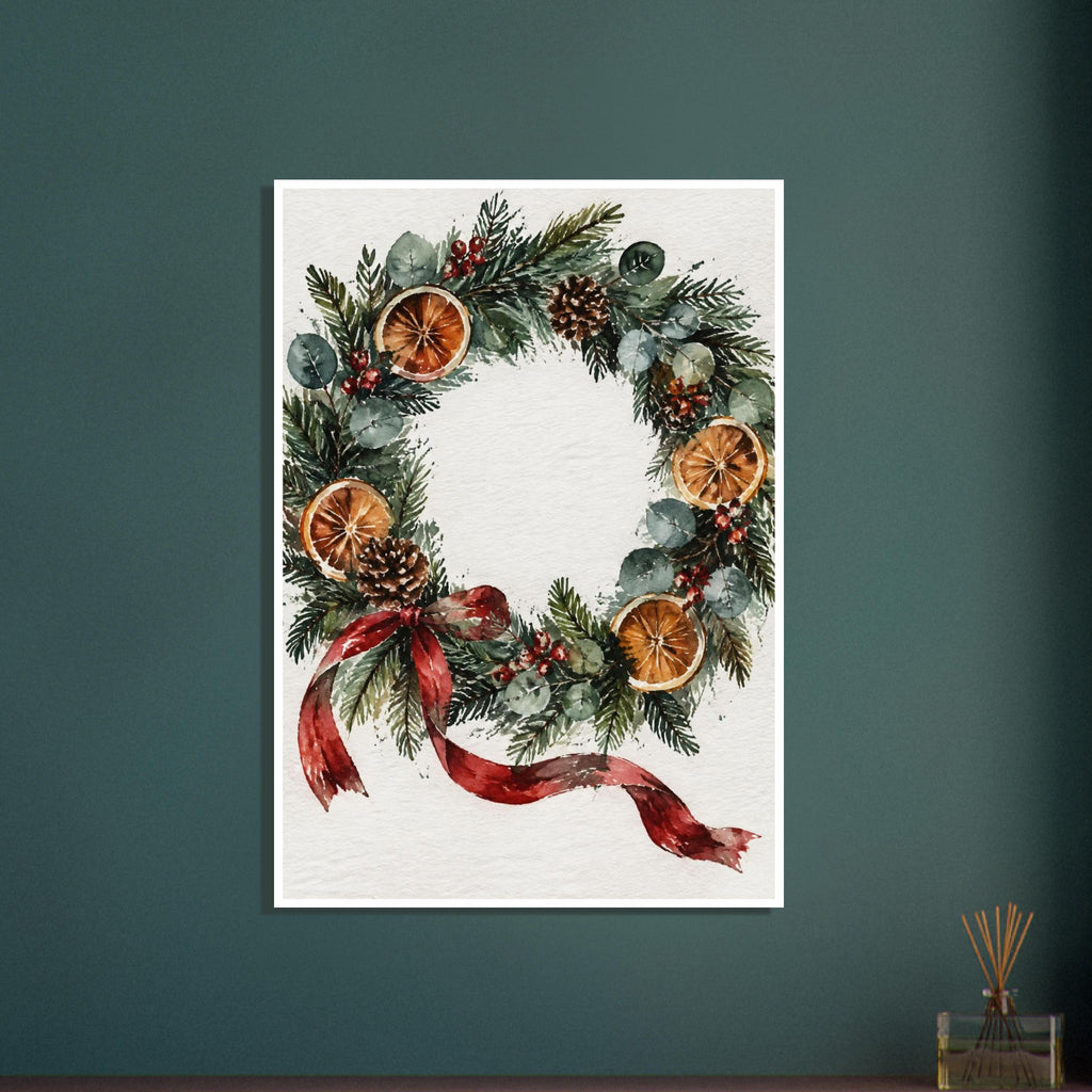 Watercolour wreath of evergreen foliage, eucalyptus, orange slices, pine cones and red berries with a trailing red bow.