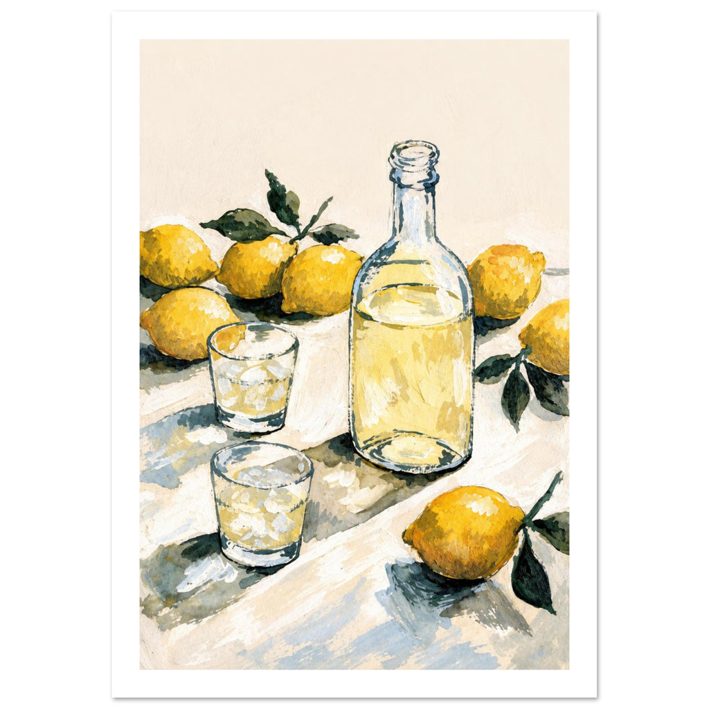 Yellow lemons with green leaves surround a glass bottle and two ice-filled tumblers on a cream tabletop.