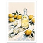 Yellow lemons with green leaves surround a glass bottle and two ice-filled tumblers on a cream tabletop.