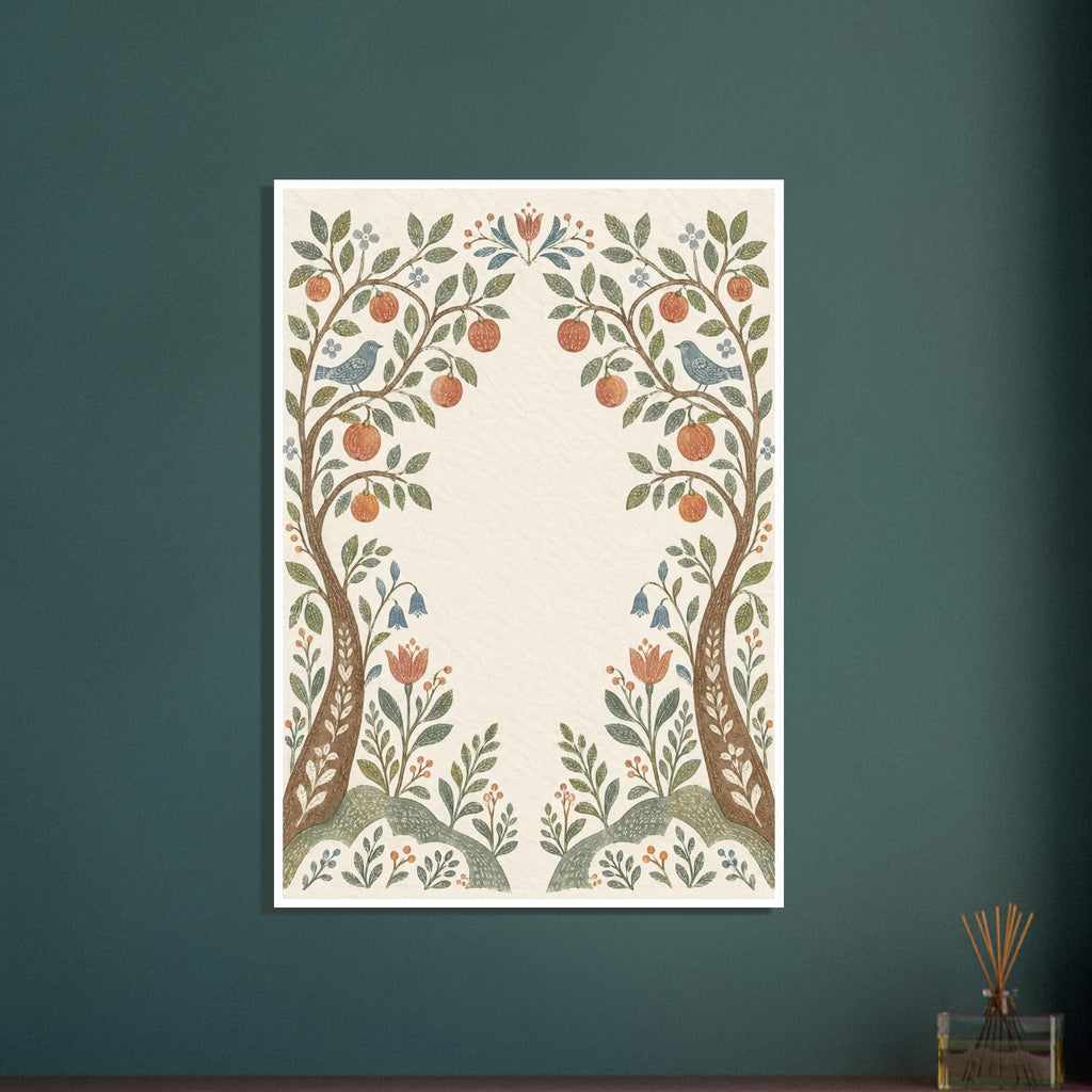 Two fruit trees with blue birds, green leaves and terracotta flowers curve around an open cream centre.