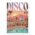DISCO lettering above a sunset pool party with a hanging mirror ball, palm trees, pink mountains and turquoise water.