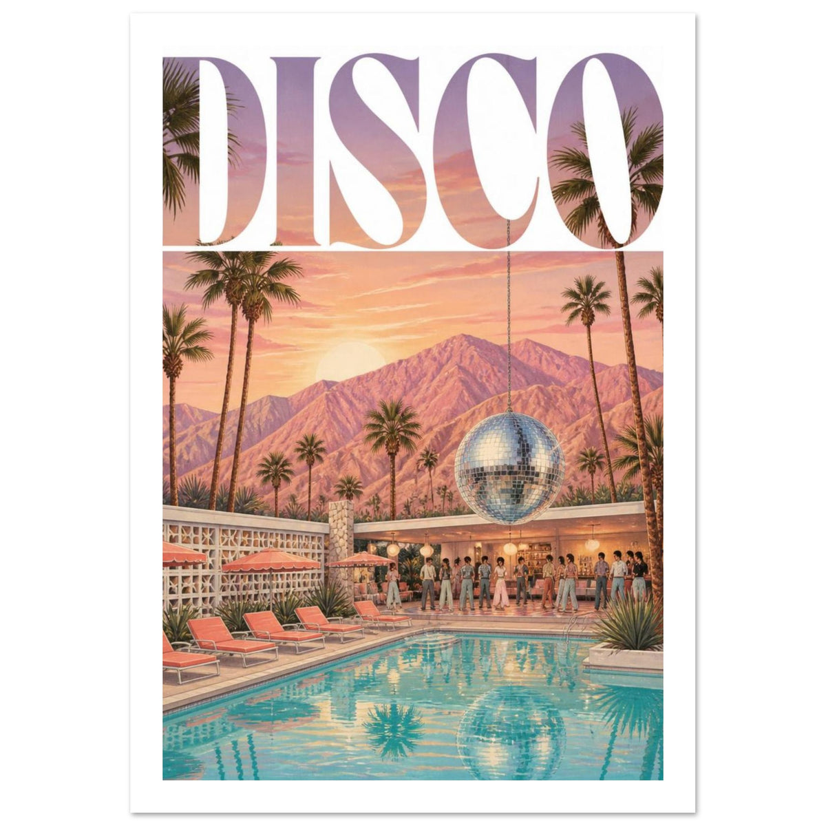 DISCO lettering above a sunset pool party with a hanging mirror ball, palm trees, pink mountains and turquoise water.