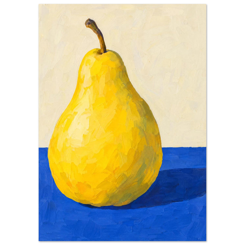 Yellow pear with a curved brown stem on a cobalt-blue tabletop, casting a dark shadow against a cream background.