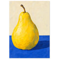 Yellow pear with a curved brown stem on a cobalt-blue tabletop, casting a dark shadow against a cream background.