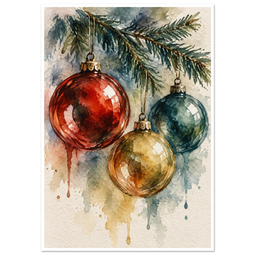 Red, teal and gold Christmas baubles hanging from an evergreen branch, painted in watercolour with trailing drips.