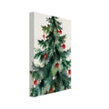 Watercolour Christmas tree with green branches, red baubles and a golden star on a textured cream background.