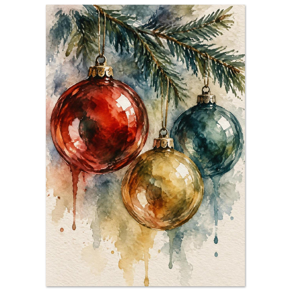 Watercolour painting of three vintage glass Christmas baubles hanging from a spruce twig