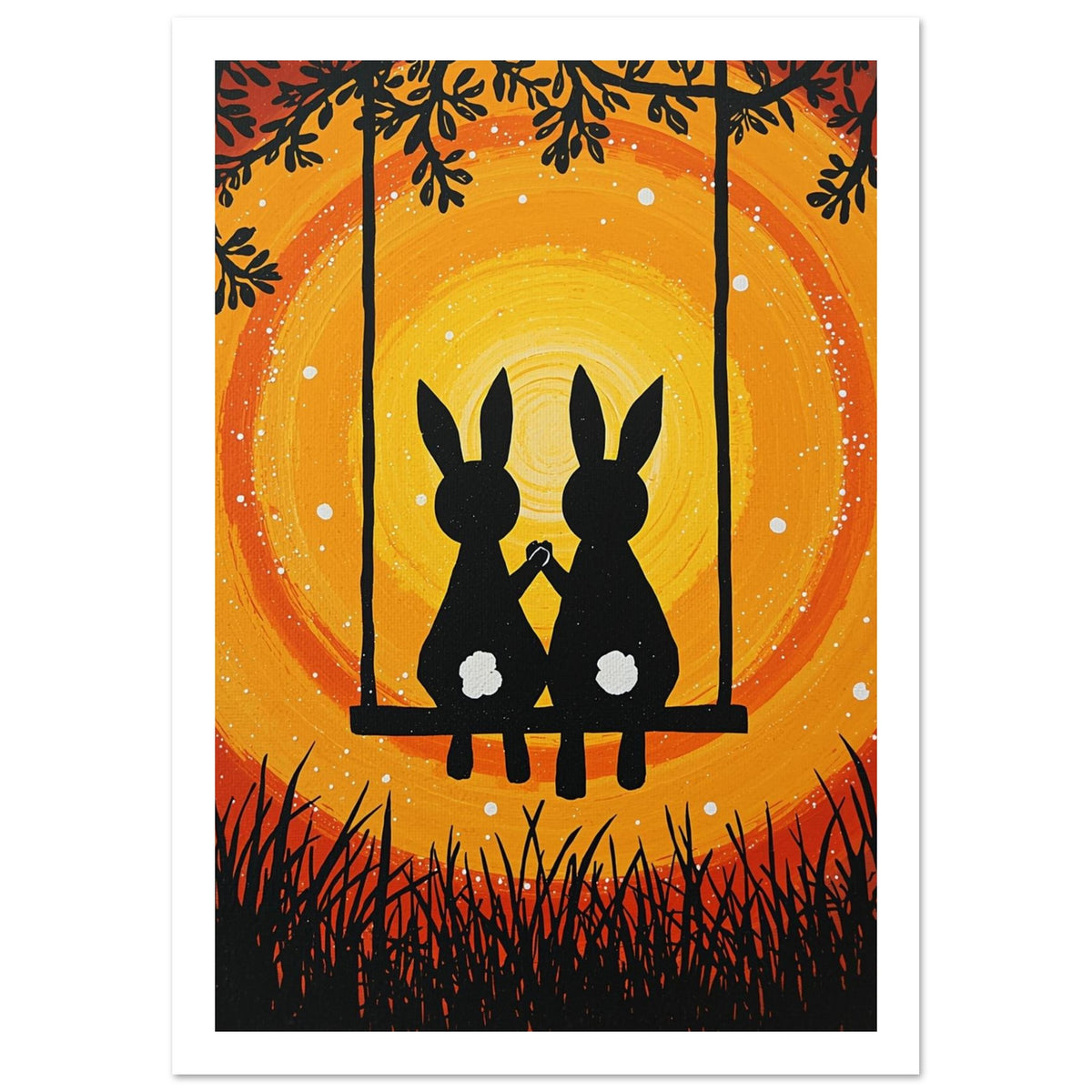 Two black rabbits with white tails hold paws on a swing, surrounded by branches and grass against yellow and orange swirls.
