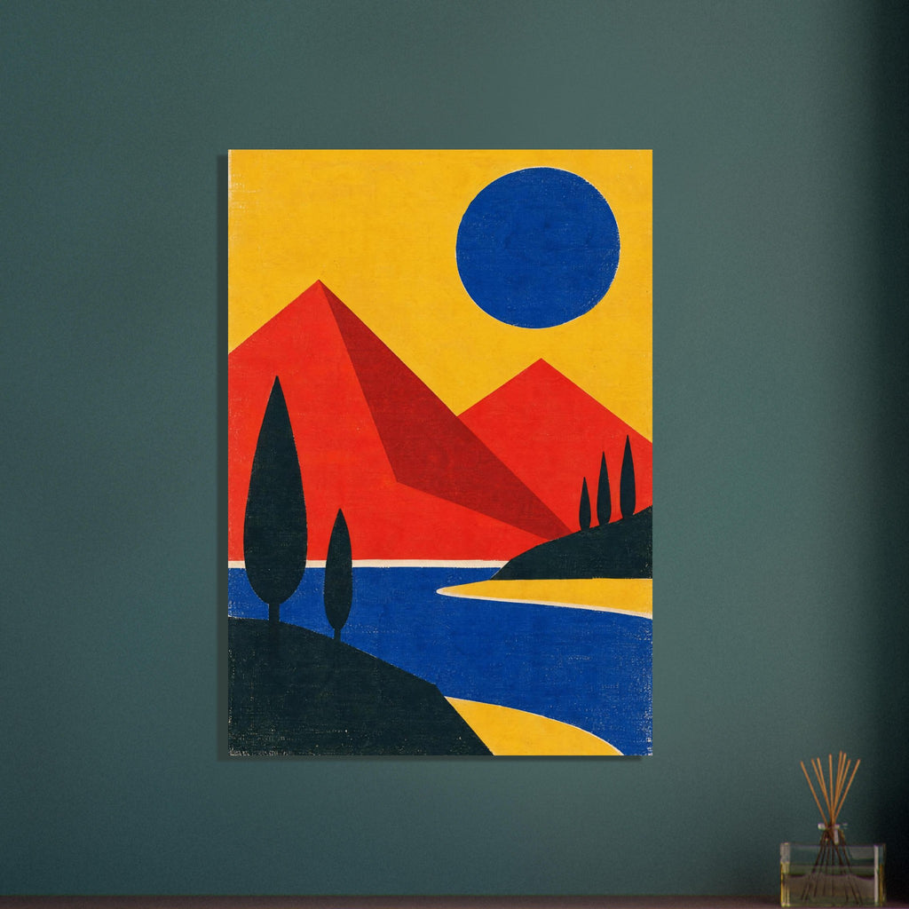 Red geometric mountains beneath a blue sun in a yellow sky, with dark slender trees beside winding blue water.