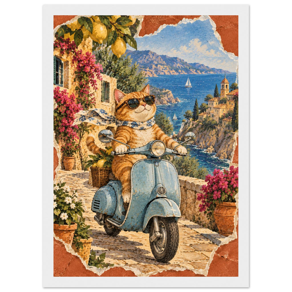 Orange cat in sunglasses and a scarf on a blue scooter, with lemons, flowers, coastal buildings and sailboats behind.