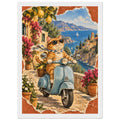 Orange cat in sunglasses and a scarf on a blue scooter, with lemons, flowers, coastal buildings and sailboats behind.