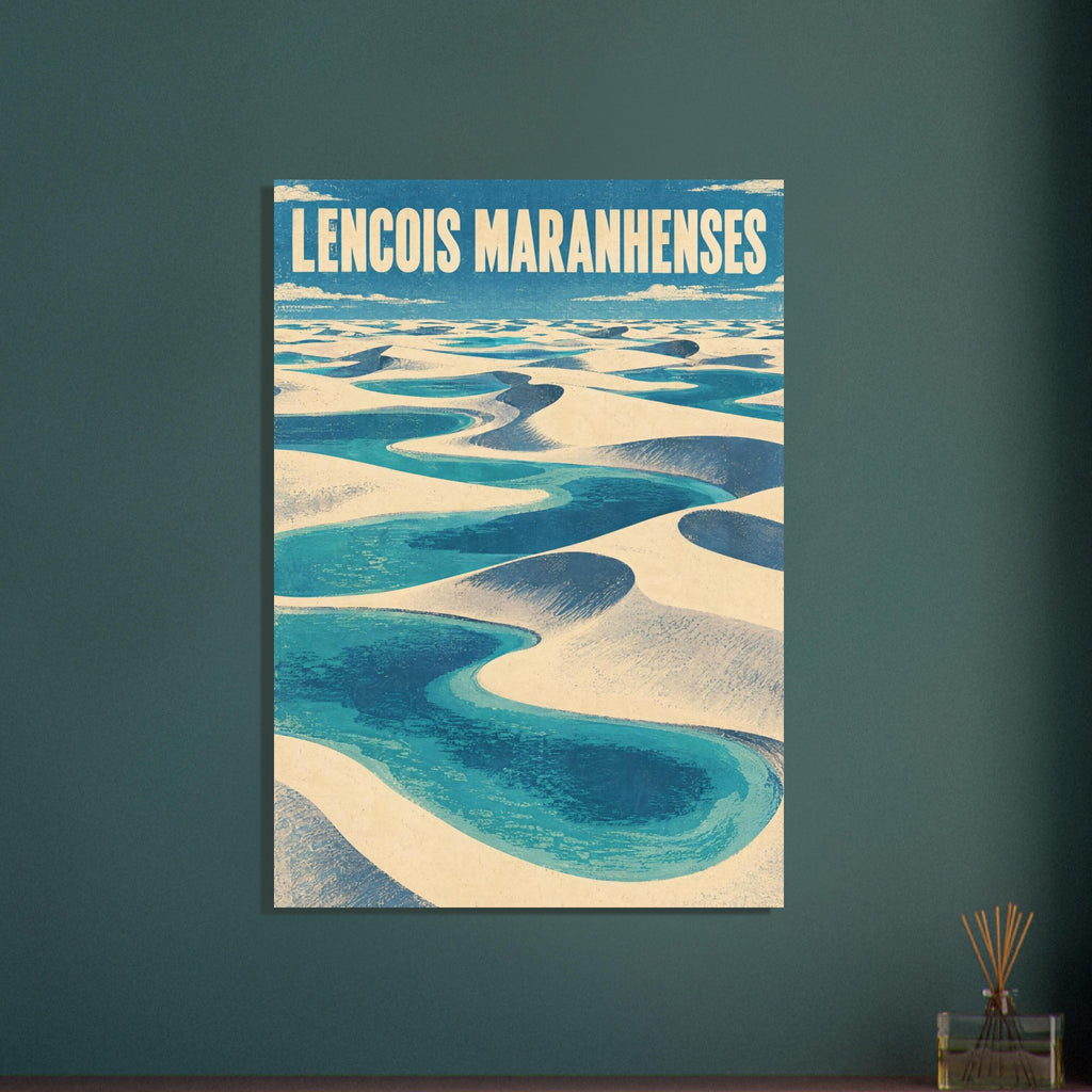 Cream sand dunes curve around turquoise lagoons beneath bold Lençóis Maranhenses lettering in a distressed travel poster.