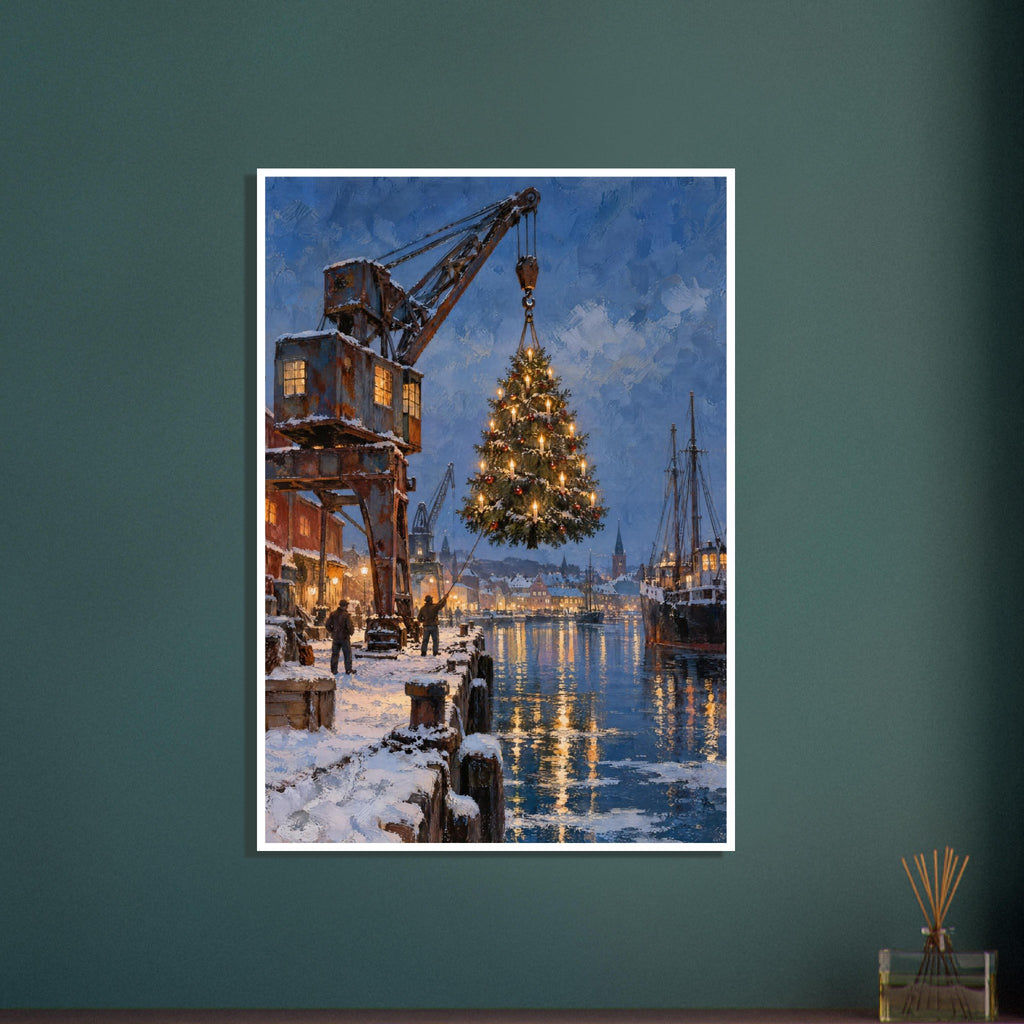 Illuminated Christmas tree suspended from a harbour crane above a snowy quay, with boats and golden reflections in blue water