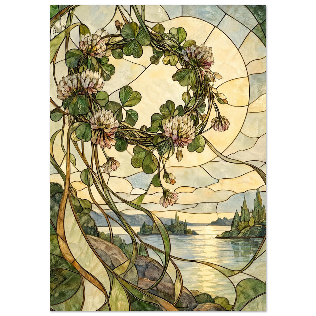 Clover flower wreath above a rocky waterside landscape, with flowing dark outlines and green and cream stained-glass panels.