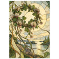 Clover flower wreath above a rocky waterside landscape, with flowing dark outlines and green and cream stained-glass panels.