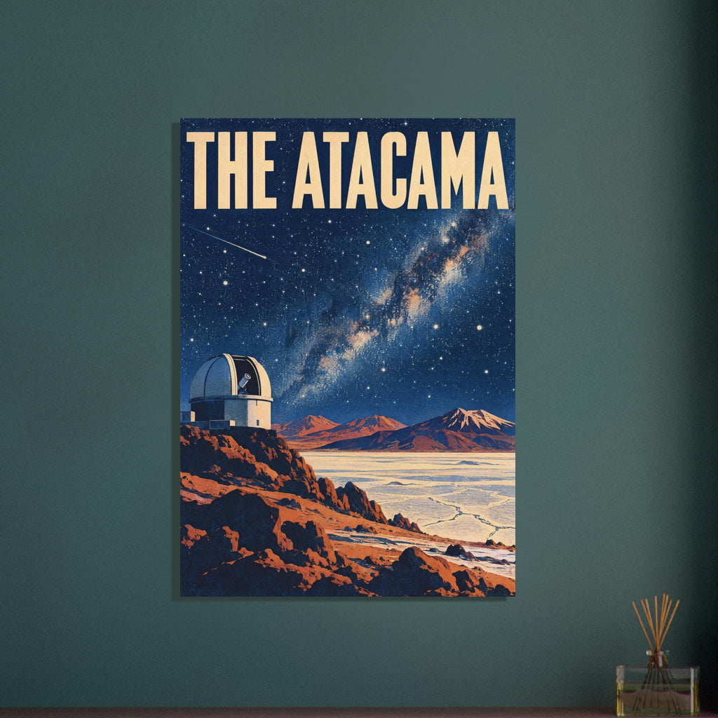 Atacama observatory above orange desert rocks and pale plains, beneath a star-filled blue sky and large cream lettering.