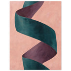 Twisting teal ribbon with plum-coloured inner folds on a textured peach background.